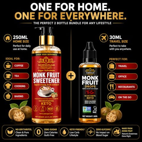 SubSugar Pure Monk Fruit Sweetener Home & Travel Bundle ÃƒÂ¢Ã¢â€šÂ¬Ã¢â‚¬Å“ 250ml Liquid Monk Fruit Drops + 30ml Travel Size ÃƒÂ¢Ã¢â€šÂ¬Ã¢â‚¬Å“ No Erythritol, Zero Sugar, Keto Friendly
