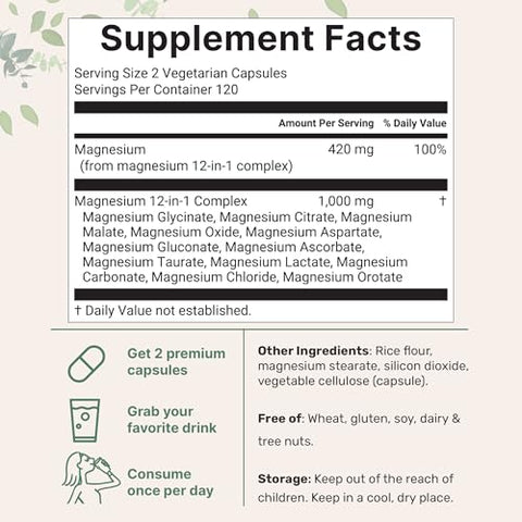 Micro Ingredients 12 In 1 Magnesium Complex 1000 Mg 240 Capsules Magnesium Glycinate Citrate Taurate Malate & More High Absorption Formula For Men & Women Chelated & Purified
