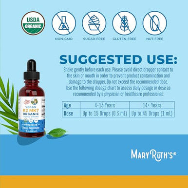 Maryruth'S Maryruth S Usda Organic Vitamin K2 Mk7 Liquid Drops For Adults & Kids Sourced From Natto Menaquinone- 7 Vegan K2 Vitamin For Bone Health & Calcium Absorption 1Oz Up To 90 Servings