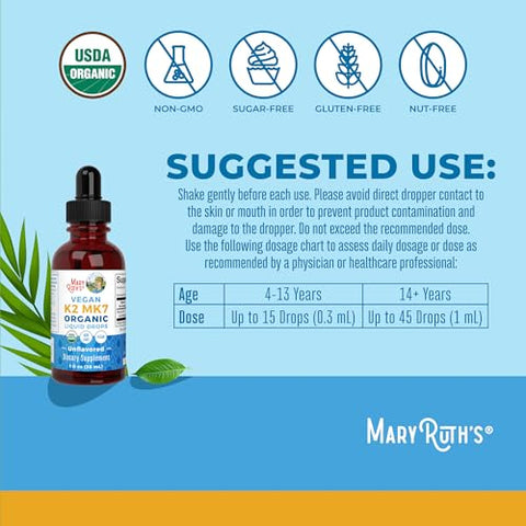 Maryruth'S Maryruth S Usda Organic Vitamin K2 Mk7 Liquid Drops For Adults & Kids Sourced From Natto Menaquinone- 7 Vegan K2 Vitamin For Bone Health & Calcium Absorption 1Oz Up To 90 Servings