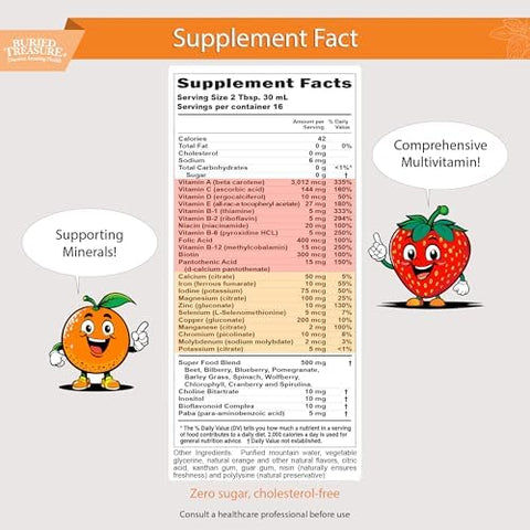 Buried Treasure Children's Daily Multi Liquid Multivitamin and Minerals Nutritional Dietary Vegan Supplement for Kids No Artificial Ingredients NonGMO Natural Fruit Flavors 16 oz w/Dose Cup