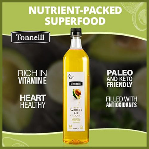 Tonnelli Premium Cold Pressed Naturally Refined Avocado Oil, 1 Liter | High Smoke Point 520F | Product of Spain Certified Kosher (including Passover)