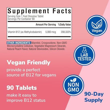 Vitalibre Vitamin B12 Sublingual 5000 mcg Methylcobalamin Bioactive Form High Absorption Vegan Nerve Energy Immune Mood Support Natural Peach Flavor Fast Dissolve Mini Tablets No Sugar