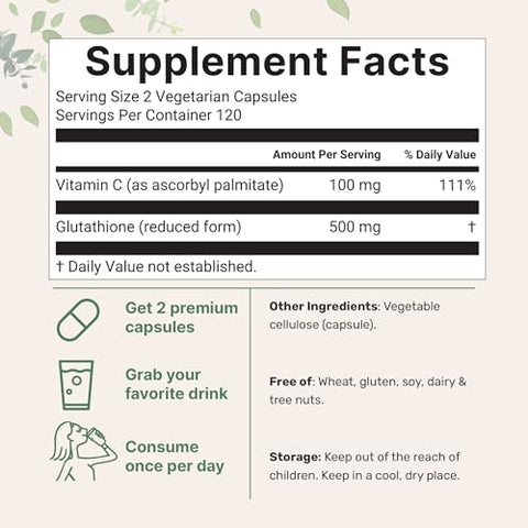 Micro Ingredients Glutathione 500Mg With 100Mg Vitamin C Supplement 240 Veggie Capsules Reduced Glutathione Fat Soluble Ascorbyl Palmitate Complex Non-Gmo Filler Free