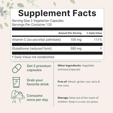 Micro Ingredients Glutathione 500Mg With 100Mg Vitamin C Supplement 240 Veggie Capsules Reduced Glutathione Fat Soluble Ascorbyl Palmitate Complex Non-Gmo Filler Free