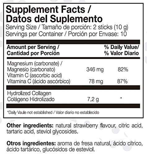 Ana MaraA Lajusticia Aml Sport Collagen With Magnesium With Vitamin C Sticks Strawberry Flavour Travel Pack 20 Sticks. Hydrolized Collagen. Dairy Gluten And Sugar .