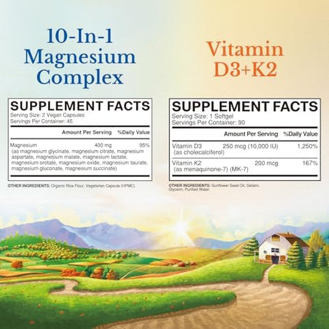 Vitalitown Ultra Magnesium & Vitamin D3 K2 Bundle (Pack Of 2) 10 In 1 Magnesium Complex & 10000 Iu D3 Mk-7 For Bone Muscle Heart Sleep Teeth & Immune 90 Mag Capsules & 90 D3 Softgels