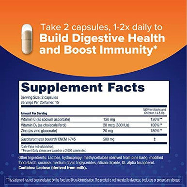 Florastor Select Immunity Boost Daily Probiotic & Immune Support Supplement For Women And Men, Saccharomyces Boulardii Cncm I-745 Plus Zinc, Vitamin C & D3 (30 Capsules)