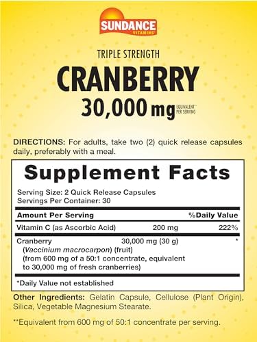 Sundance Cranberry Supplement 30000Mg 60 Capsules Plus Vitamin C Triple Strength Nongmo And Gluten Formula