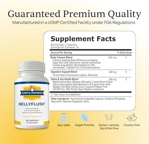 Simple Promise Bellyflush - Gentle Colon & Gut Cleanse Supplement With Milk Thistle & Bentonite Clay - Supports Constipation Debloat Digestive Detox & Flushing - 60 Capsules