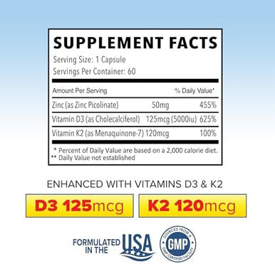 Zinc Picolinate 50Mg With Vitamin K2 Mk-7 + Vitamin D3 5000 Iu, Zinc 50Mg With 120Mcg Vitamin K2 As Mk7, Non-Gmo Zinc Supplements Easy To Swallow Alternative To Lozenge, Chewable Tablets, Liquid Zinc