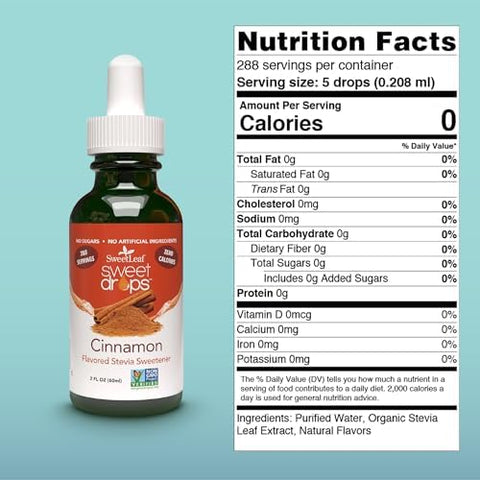 SweetLeaf Sweet Drops Flavored Stevia Liquid Sweetener Organic Stevia Extract Zero Calories Gluten Free Keto Friendly Non GMO Natural Flavors Sugar Alternative Cinnamon 2 Fl Oz (Pack of 1)