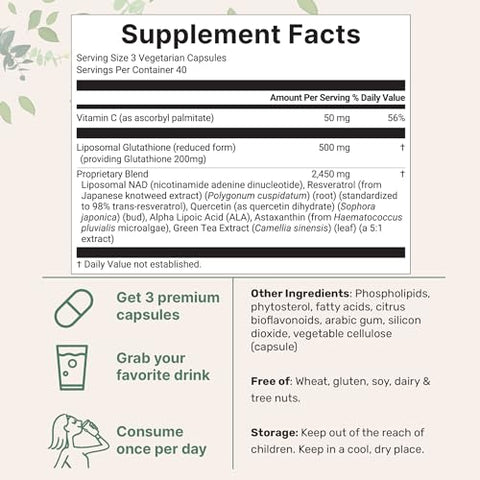 Micro Ingredients Liposomal Reduced Glutathione Complex 3000Mg - 8 In 1 Advanced Glutathione Supplement With Nad Resveratrol Quercetin Alpha Lipoic Acid & Vitamin C 120 Vegetarian Caps