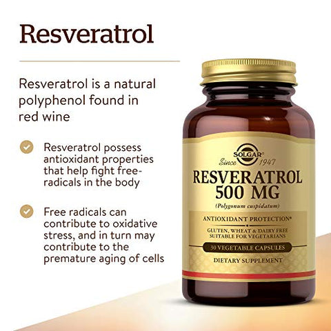 Solgar Resveratrol 500 Mg 30 Vegetable Capsules - Antioxidant Protection - Gluten Free Dairy Free 30 Servings