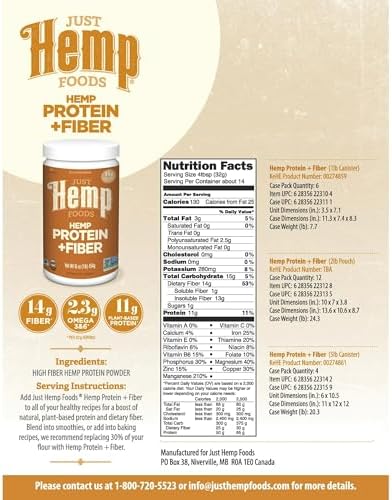 Just Hemp Foods Hemp Protein Powder Plus Fiber, Non-GMO Verified with 11g of Protein & 11g of Fiber per Serving, 16 oz - Packaging May Vary | 11 g of Protein and 11 g of Fiber per 30 g Serving, Non-GMO Verified, Packaging May Vary