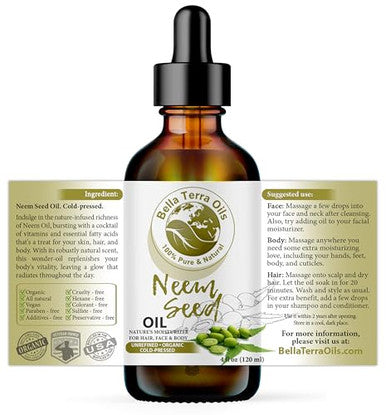 Bella Terra Oils - Organic Neem Seed Oil 4Oz - Immerse In The Benefits Of Organic Neem Enriched With Amino Acids & Omega-6 Nourishing Skin Treat