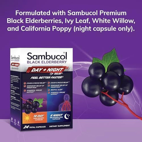 Sambucol Black Elderberry Day & Night Relief - Feel Better Faster Cough & Mucus Relief For Adults Immune Support Non-Drowsy Daytime Relief Restful Sleep Melatonin- - 24 Capsules 1 Pack