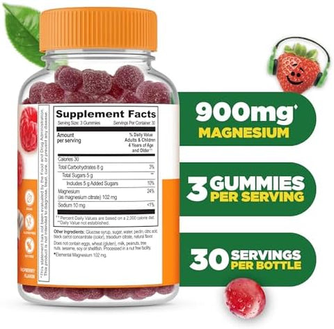 Lifeable Magnesium Gummies For Kids 900Mg Magnesium Citrate Great Tasting Kids Magnesium Supplement Gluten Muscle Support And Stress Relief Chewable 90 Gummies