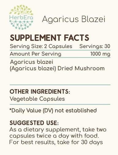 HerbEra Agaricus Blazei 60 Capsules, 500 mg, Agaricus (Agaricus blazei murill) Dried Mushroom (60 Capsules)