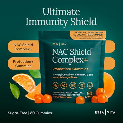 Etta Vita Sugar-Free Nac Gummies (Immune Support Complex) N-Acetyl Cysteine Vitamin C & Zinc - Supports Respiratory Health Liver Detox & Cleanse Kidney Function Nac Supplement For Kids And Adults - Vegan
