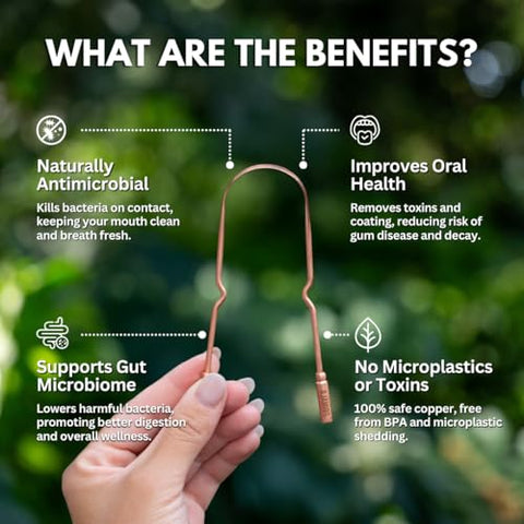 Primals Copper Tongue Scraper - Fresher Breath & Improved Oral Health - Natural Ayurvedic Cleaner For Daily Detox - Rust-Resistant Eco-Friendly With Travel Cloth Pouch Included (1 Count)