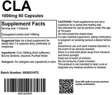 Conjugated Linoleic Acid 90 Capsules, High Strength CLA Tonalin 1000mg Softgels Capsules Supplement UK Made. Pharmaceutical Grade Omega 6 Oil from Safflower