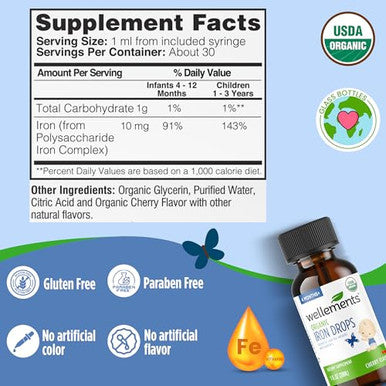 Wellements Organic Iron Drops For Newborn+ Babies (1 Fl Oz) - Cherry Flavor Liquid Iron Supplement For Infants - Toddler Iron Supplement For Kids (4Months+ To 3 Years) - Supports Growth & Development*