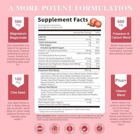 Lukaree Magnesium Potassium Supplement Gummies Formula Calm Magnesium Bisglycinate Gummies & Plant Potassium Plus Chia Seeds B6 D3 K2 & Calcium For Sleep Leg Cramps & Muscle Vegan60 Count