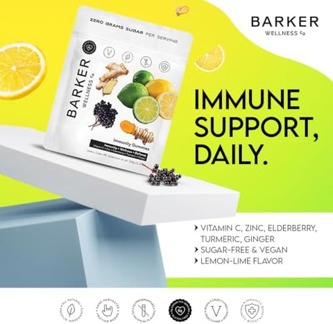 Barker Wellness Co Immunity Gummies With Vitamin C Zinc Elderberry Turmeric & Ginger For Daily Immune Support Vegan Sugar Lemonlime Flavor Seasonal Wellness Essentials 60 Count