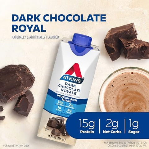 Atkins Dark Chocolate Royale Protein Shake & Cafa Au Lait Iced Coffee Protein Shake 15G Protein Low Glycemic 3G Net Carb 1G Sugar Keto Friendly 12 Count