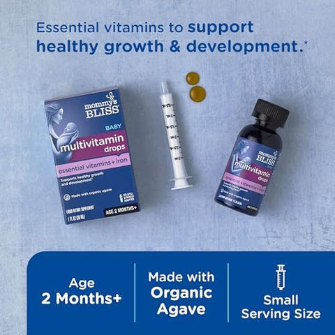 Mommys Bliss Baby Multivitamin + Iron Daily Essential Vitamins for Immune Support Healthy Growth and Bone Development Age 2 Months+ 30 ml Liquid