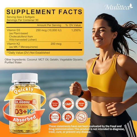 PlantBased D3 K2 Vitamin 10000 IU w/Virgin Coconut MCT Oil 200 mcg MK7 Vitamin K2 NonGMO for Ultimate Absorption Bone Immune and Heart Health Easy to Swallow D and K Supplement 180 Softgels