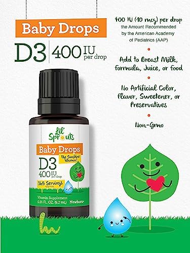 Carlyle Baby Vitamin D3 Liquid Drops 400 IU |.31oz (9.2 mL) 1 Year Supply (365 Servings) Vegetarian NonGMO and Gluten Free By Lil' Sprouts