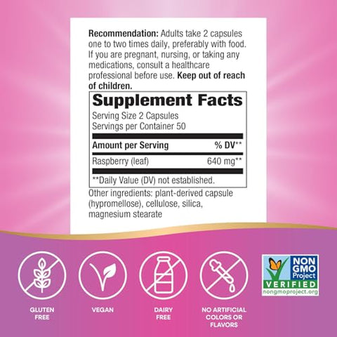 Nature'S Way Raspberry Leaf - Traditional Women S Wellness Supplement For Plant-Based Support - Traditional Herbal Supplement - Vegan Gluten-Free & Dairy-Free - 100 Count (50 Servings)