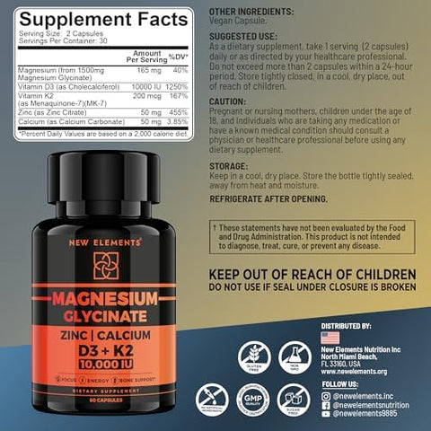 Elements Magnesium Glycinate 1500Mg With Vitamin D3 K2 + Zinc & Calcium D3 10000 Iu K2 200Mcg Calcium 50Mg Zinc 50Mg Bone Muscle & Immune Support For Women & Men - Vegan - Non-Gmo