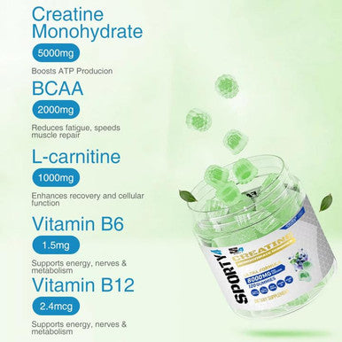 Sporty4 CREATINE Gummies Ultra + BCAA 8000mg | 120 Gummies of Creatine Monohydrate | BCAA | L Carnitine | Vitamin B6 and B12. Pre Workout Muscle Recovery Supplement for Men and Women Blueberry Flavour.