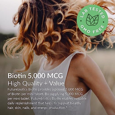 Futurebiotics Biotin 5000 Mcg Supports Healthy Hair Skin Nails & Energy Production Nongmo 360 Vegetarian Tablets (1 Year Supply)