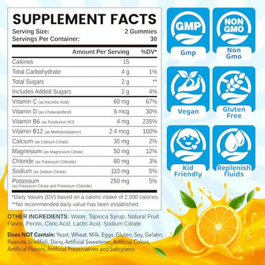 Natisland Electrolyte Gummies For Hydration Hydration Gummies For Kids & Seniors Adults With Potassium Magnesium Calcium Sodium Chloride For Runners And Endurance Sports Orange Flavor Vegan 60 Chews