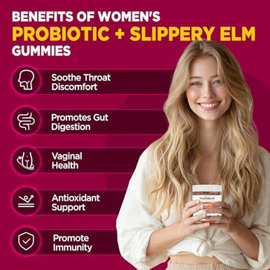 Natisland Slippery Elm For Women Gummies Organic Slippery Elm Bark Extract With Probiotics Sea Buckthorn L-Glutamine For Gut & Digestive Health Throat & Respiratory Support Sugar Free Vegan 60 Gummies