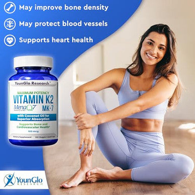 Younglo Research Vitamin K2 Mk7 (Menaq7) 100 Mcg W/Coconut Oil For Superior Absorption Dietary Health Supplement 120 Vegan Liquid Capsules To Support Bone Strength & Density For Adults Women & Men