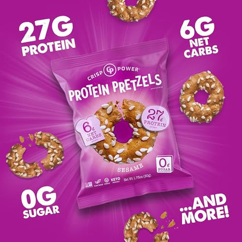 Crisp Power Protein Pretzel Snack Bundle Sesame & Everything (6 Packs Each) Up To 28G Protein Per Pack Low Carb Vegan Plantbased Keto Baked Savory Pretzel Bites