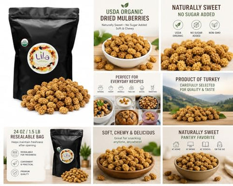 LILA BAZAAR Organic Dried Mulberries, 24 oz / 1.5 LB ÃƒÂ¢Ã¢â€šÂ¬Ã¢â‚¬Å“ USDA Organic White Mulberries, Naturally Sweet, No Sugar Added, Soft & Chewy Dried Fruit Snack, Resealable Bag