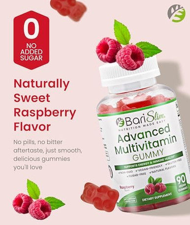 Barislim Advanced Bariatric Multivitamin Gummies - Specially Formulated Bariatric Vitamins For Patients After Weight Loss Surgery - Supports Energy & Immune Health Raspberry (90 Vegan Gummies)