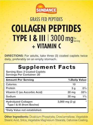 Sundance Collagen Peptides Pills 3000Mg Type I & Ii With Vitamin C 60 Count Nongmo & Gluten Supplement