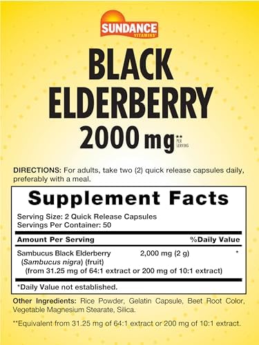 Sundance Sambucus Black Elderberry Capsules 2000Mg 100 Count Nongmo And Gluten Supplement