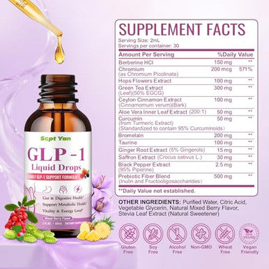 Sept Yan Glp-1 Support Liquid Drops - Support Healthy Metabolism Digestive & Gut Health For Women & Men Vegan Mixed Berry Flavor 2 Fl Oz