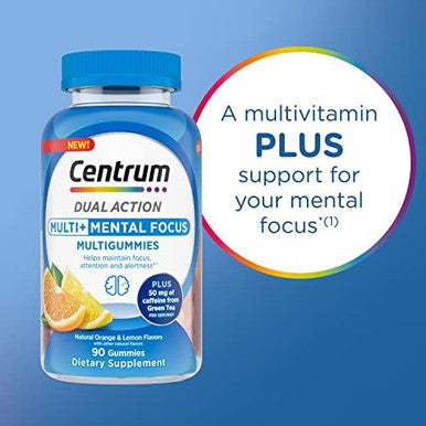 Centrum Multigummies Multi+ Dual Action Mental Focus Adult Multivitamin With Caffeine From Green Tea, Supports Mental Focus, Attention And Alertness, Lemon/Orange Flavors - 90 Count