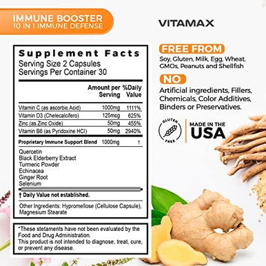 10-In-1 Immune System Support Booster With Elderberry, D3, Selenium, Quercetin, Zinc, Vitamin C, Ginger, Turmeric Curcumin, B6, Echinacea ÃƒÂ¢Ã¢â€šÂ¬Ã¢â‚¬Å“ Natural Immune Defense ÃƒÂ¢Ã¢â€šÂ¬Ã¢â‚¬Å“ Made In Usa (60 Count (Pack Of 2))