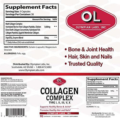 Olympian Labs Multi Collagen Complex Type I Ii Iii V X Hair Nails Joint Gut Health 90 Caps 30Day Supply