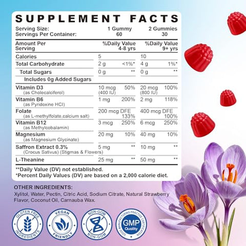 Sept Yan Saffron Gummies Kids With Magnesium L-Theanine Vitamin D3 B6 B12 Saffron For Kid Focus Mood Support Natural Saffrons Extract Supplement For Active Children Calm 60 Count Strawberry Sugar Free